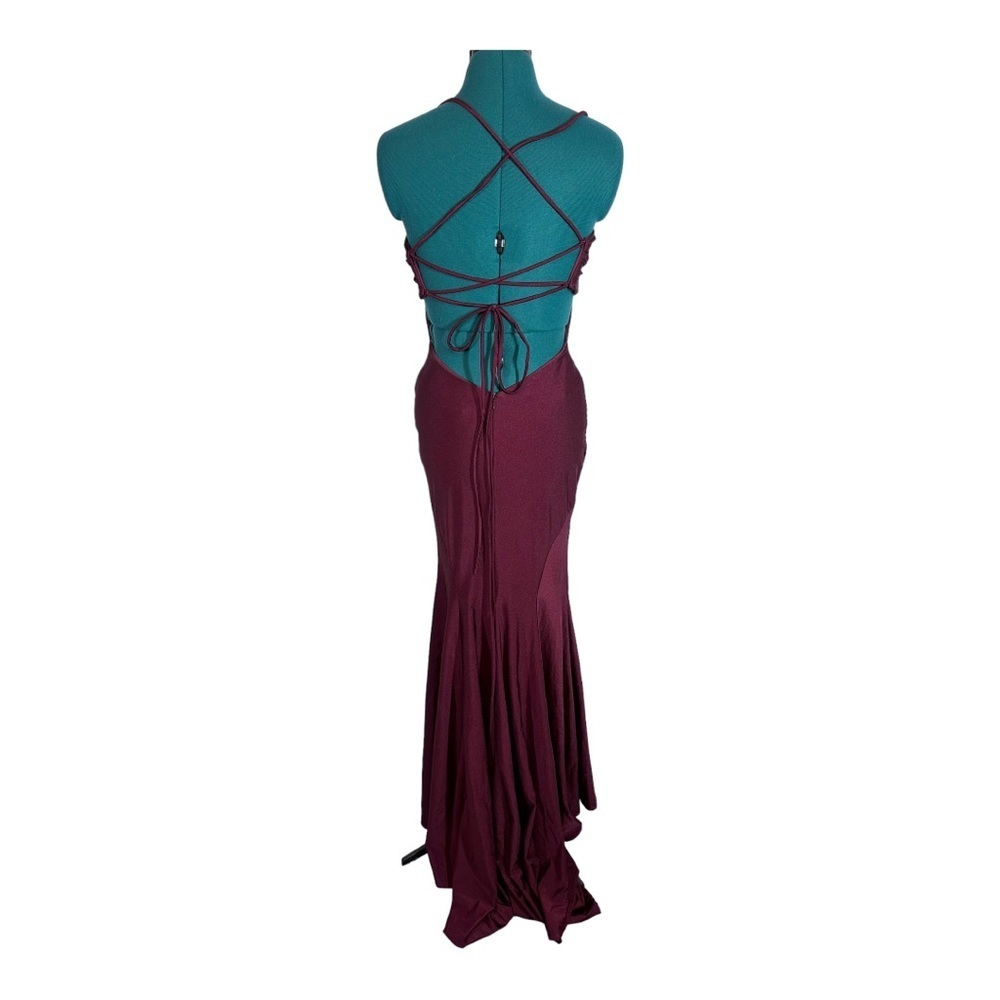 La Femme shinny Jersey Trumpet open Back Front Slit Gown - Picture 4 of 8